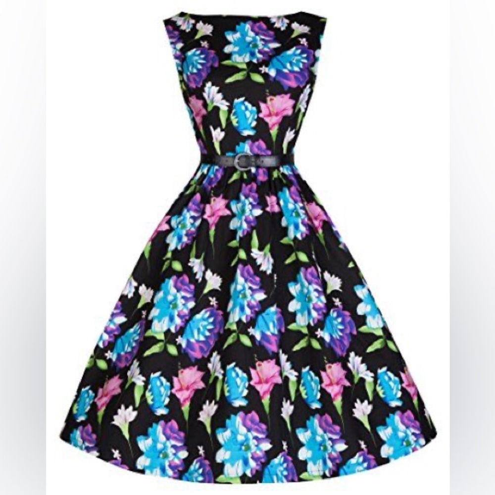 Lindy Bop Black Midi Dress with Blue and Purple Floral Print